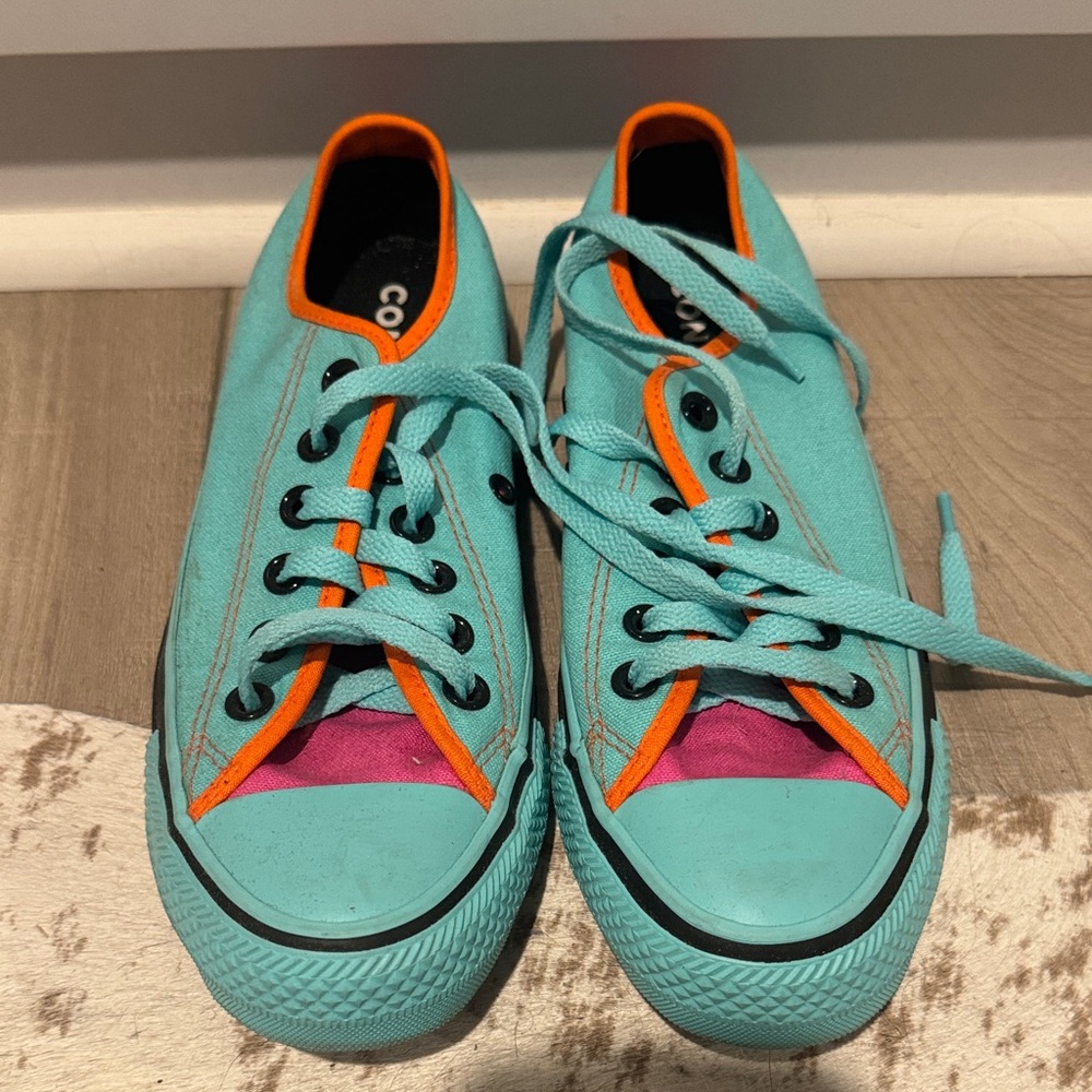 Converse Women's Teal Canvas Sneakers with Orange Trim and Pink Tongue